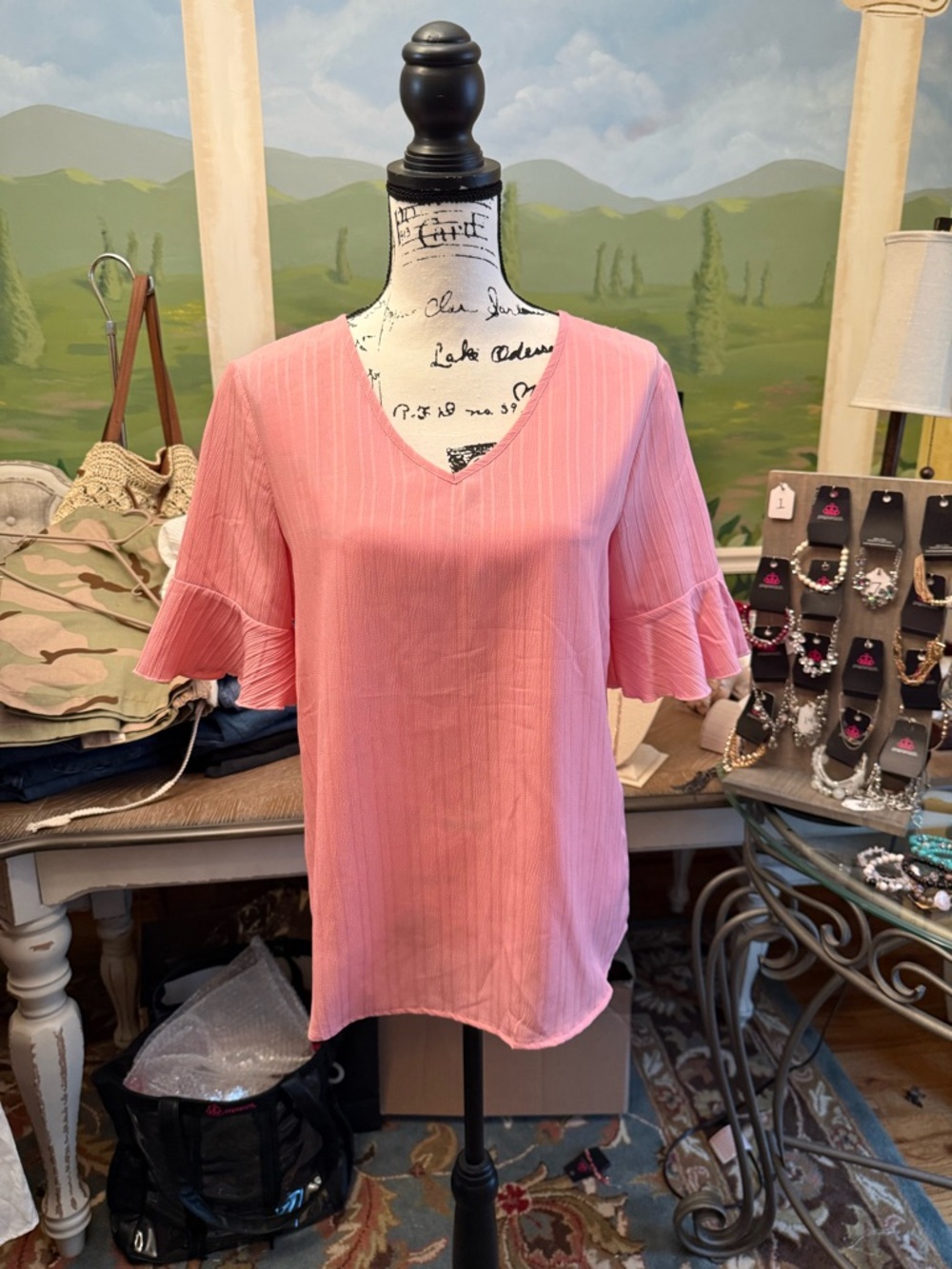 Women's Pink V-Neck Ruffle Sleeve Blouse NWOT